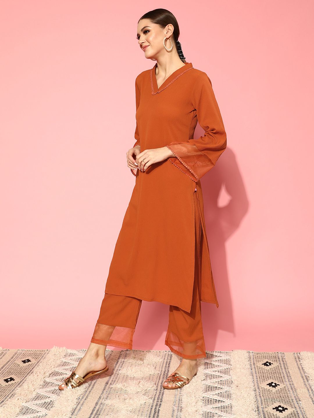 Rust Rust Flared Sleeve Organza detailed V Neck Textured Kurta with Palazzo