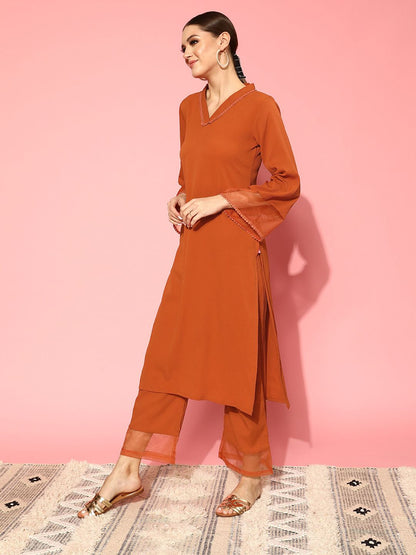 Rust Rust Flared Sleeve Organza detailed V Neck Textured Kurta with Palazzo