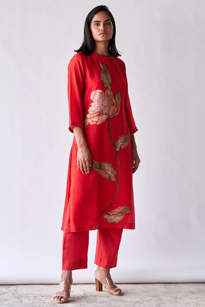 Women's Red Bemberg Silk Co-ord Set