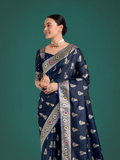 Dhiyona MJ Blue Color Festival Wear Banarasi Satin Silk Designer Zari Weaving Saree