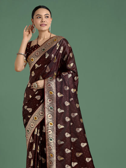 Dhiyona MJ Maroon Color Festival Wear Banarasi Satin Silk Designer Zari Weaving Saree