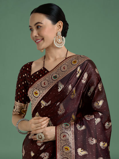Dhiyona MJ Maroon Color Festival Wear Banarasi Satin Silk Designer Zari Weaving Saree