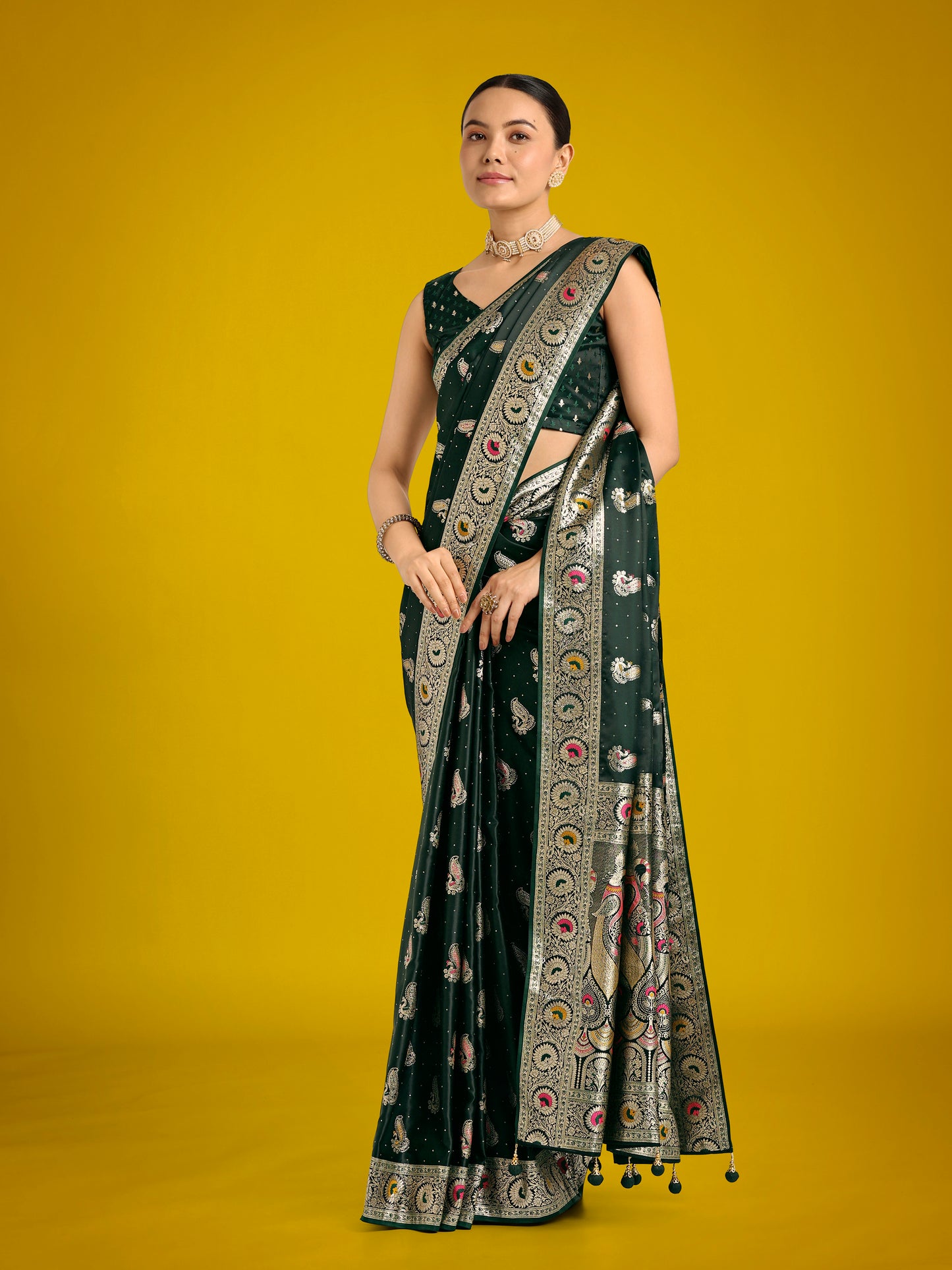 Dhiyona MJ Dark Green Color Festival Wear Banarasi Satin Silk Designer Zari Weaving Saree
