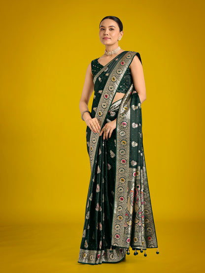 Dhiyona MJ Dark Green Color Festival Wear Banarasi Satin Silk Designer Zari Weaving Saree