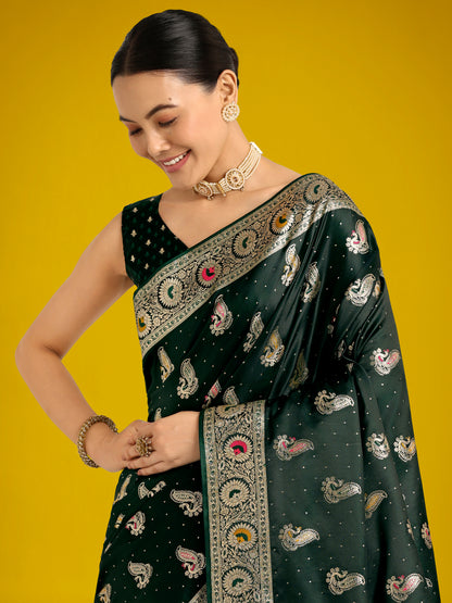 Dhiyona MJ Dark Green Color Festival Wear Banarasi Satin Silk Designer Zari Weaving Saree