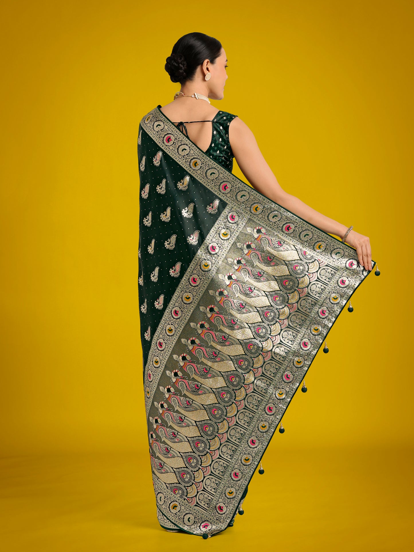 Dhiyona MJ Dark Green Color Festival Wear Banarasi Satin Silk Designer Zari Weaving Saree