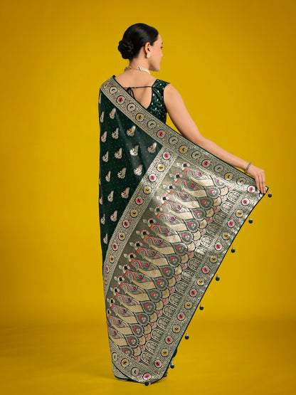 Dhiyona MJ Dark Green Color Festival Wear Banarasi Satin Silk Designer Zari Weaving Saree