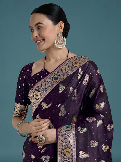 Dhiyona MJ Purple Color Festival Wear Banarasi Satin Silk Designer Zari Weaving Saree