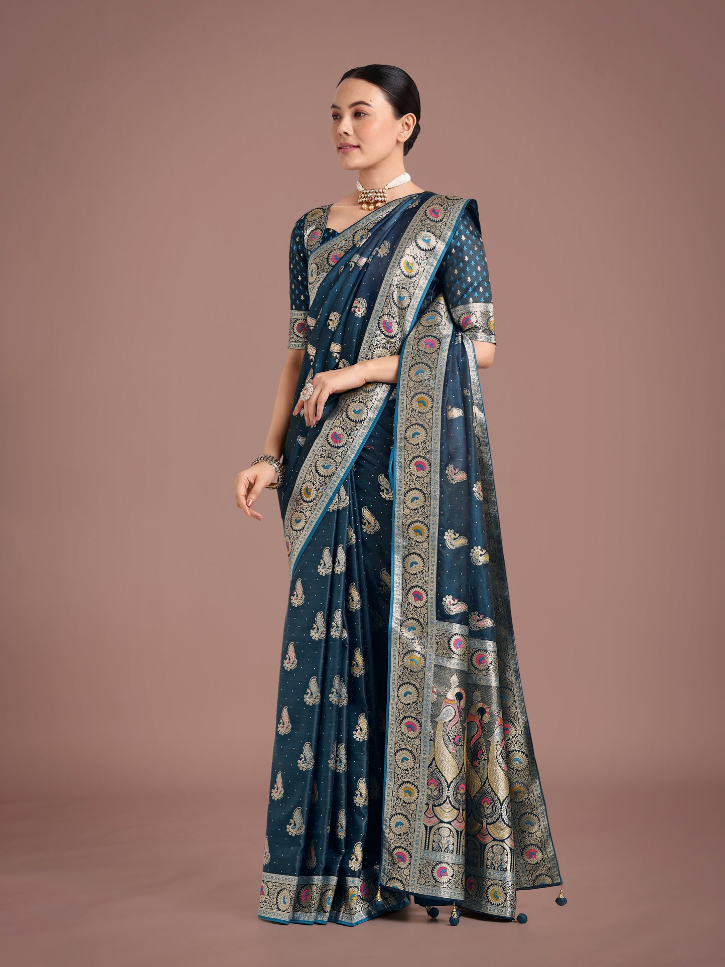 Dhiyona MJ Teal Color Festival Wear Banarasi Satin Silk Designer Zari Weaving Saree