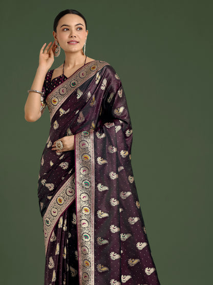 Dhiyona MJ Wine Color Festival Wear Banarasi Satin Silk Designer Zari Weaving Saree