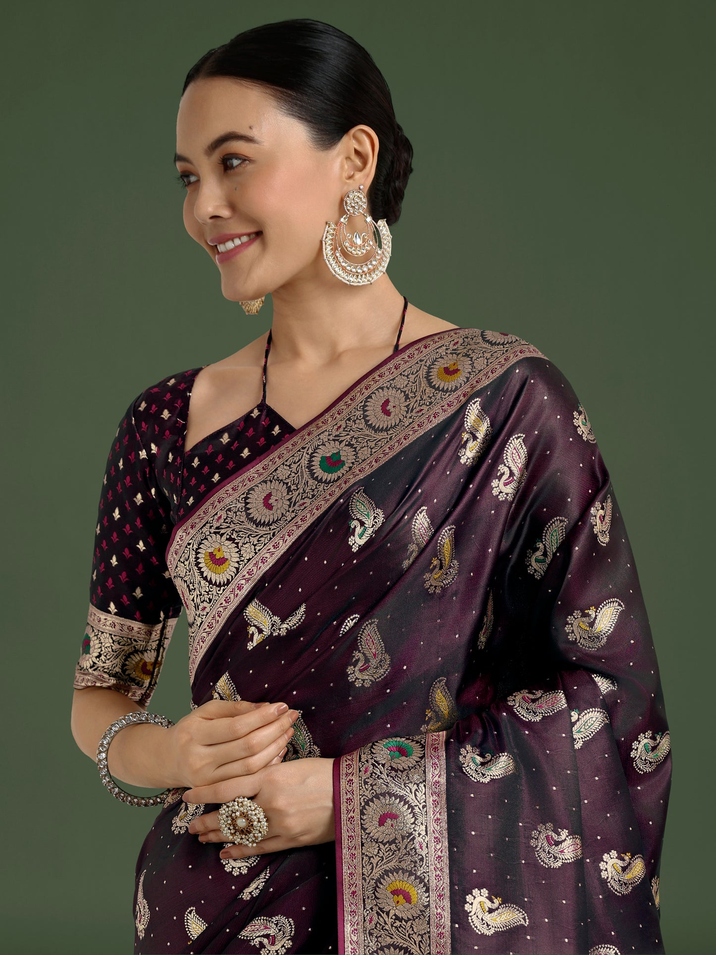 Dhiyona MJ Wine Color Festival Wear Banarasi Satin Silk Designer Zari Weaving Saree