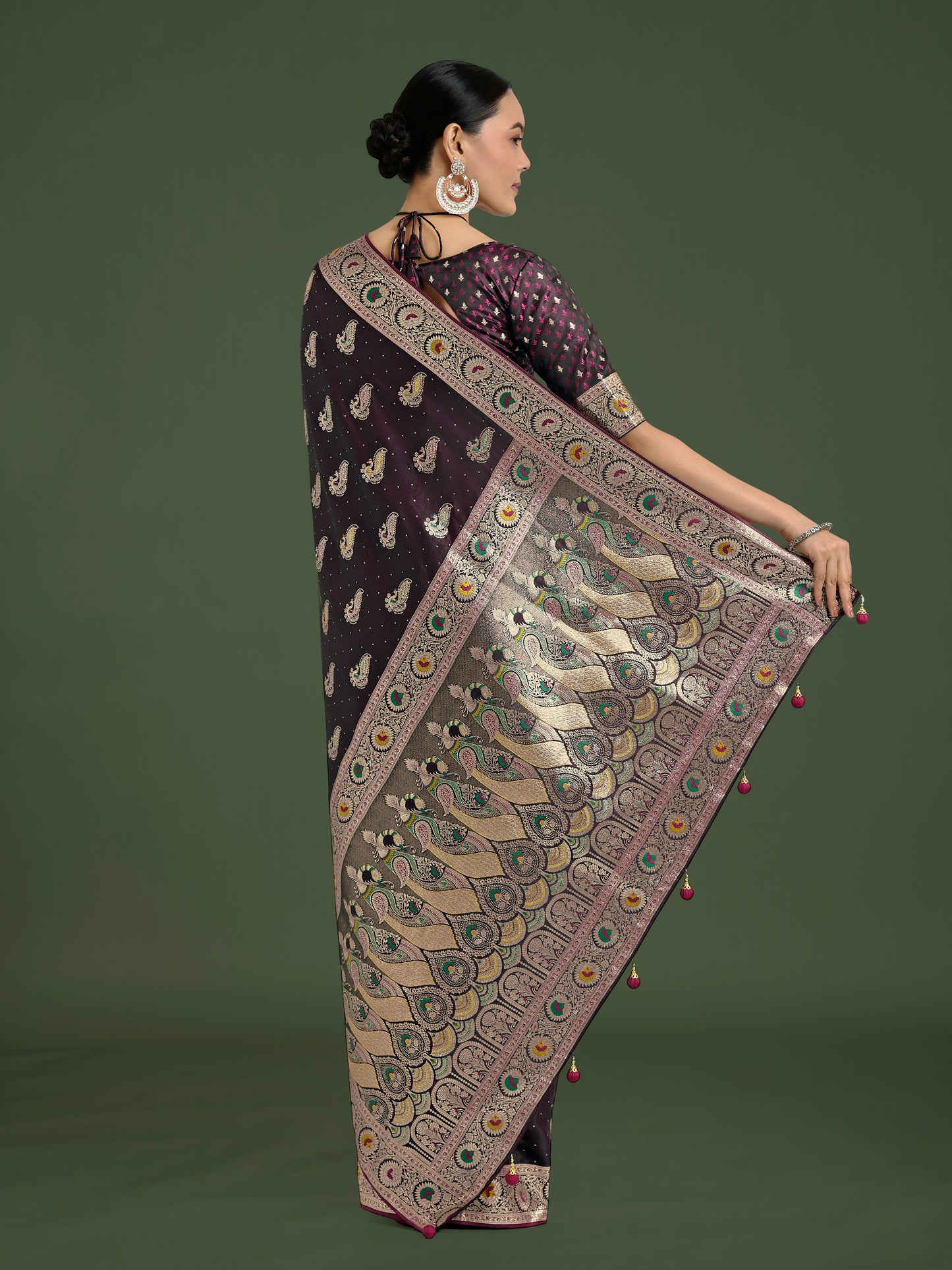 Dhiyona MJ Wine Color Festival Wear Banarasi Satin Silk Designer Zari Weaving Saree