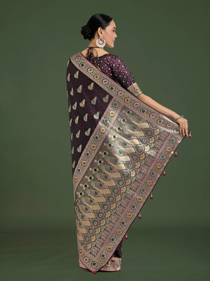 Dhiyona MJ Wine Color Festival Wear Banarasi Satin Silk Designer Zari Weaving Saree