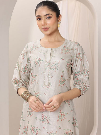 Floral Printed Anarkali Thread Work Kurta With Trousers & Dupatta