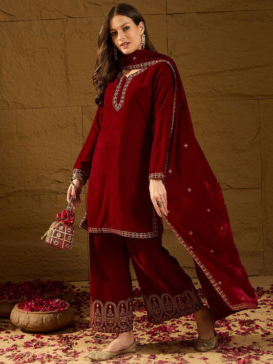 Dhiyona KL Embroidered Notch Neck Straight Velvet Kurta With Palazzos And Dupatta