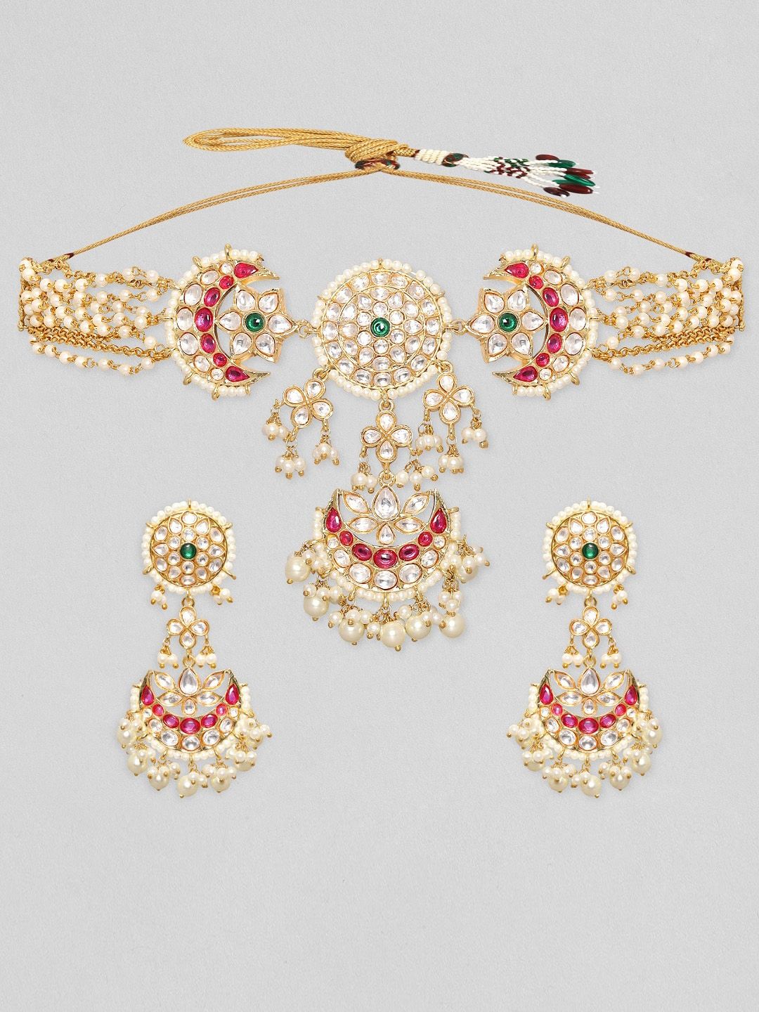 Dhiyona RJ Women's 24K Gold-Plated Kundan & Emerald, Ruby Pink Studded Pearl Beaded Bridal Choker Set
