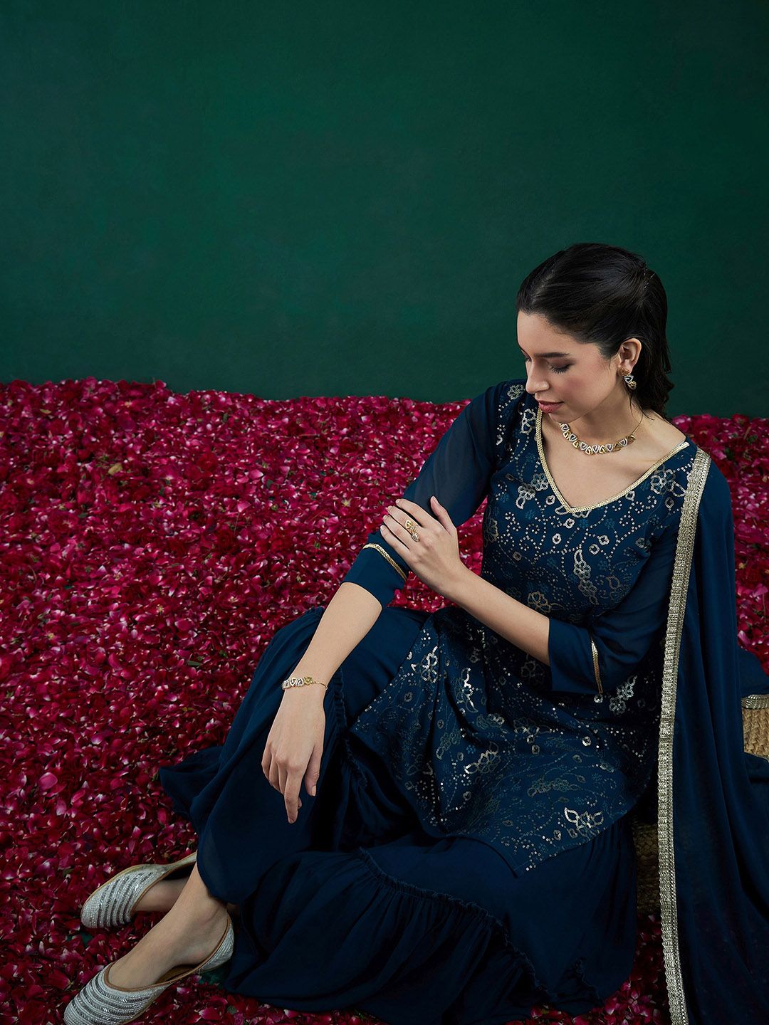 Dhiyona IE Floral Embroidered Regular Sequinned Kurta With Sharara & Dupatta