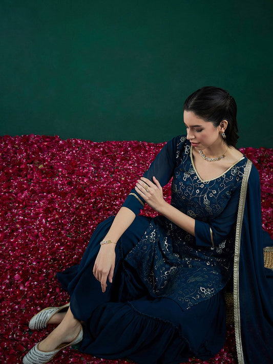 Dhiyona IE Floral Embroidered Regular Sequinned Kurta With Sharara & Dupatta