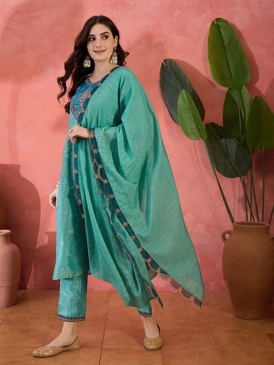 Embroidered Zari Sequence Straight Kurta With Trousers & Dupatta