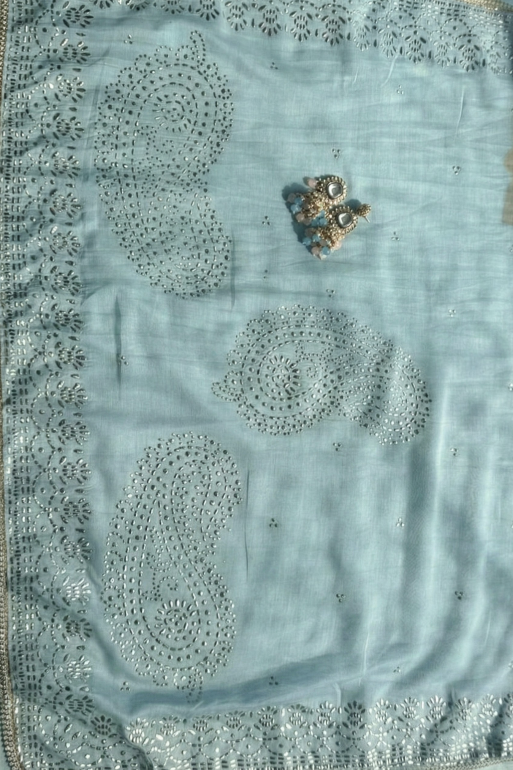 Dhiyona ST 3 Pc Unstitched Suit - Chanderi light Blue Mukiesh Kurta with Lining ,Dupatta and Bottom