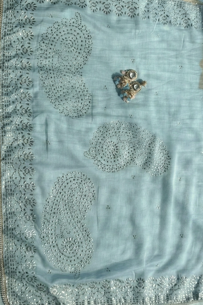 Dhiyona ST 3 Pc Unstitched Suit - Chanderi light Blue Mukiesh Kurta with Lining ,Dupatta and Bottom