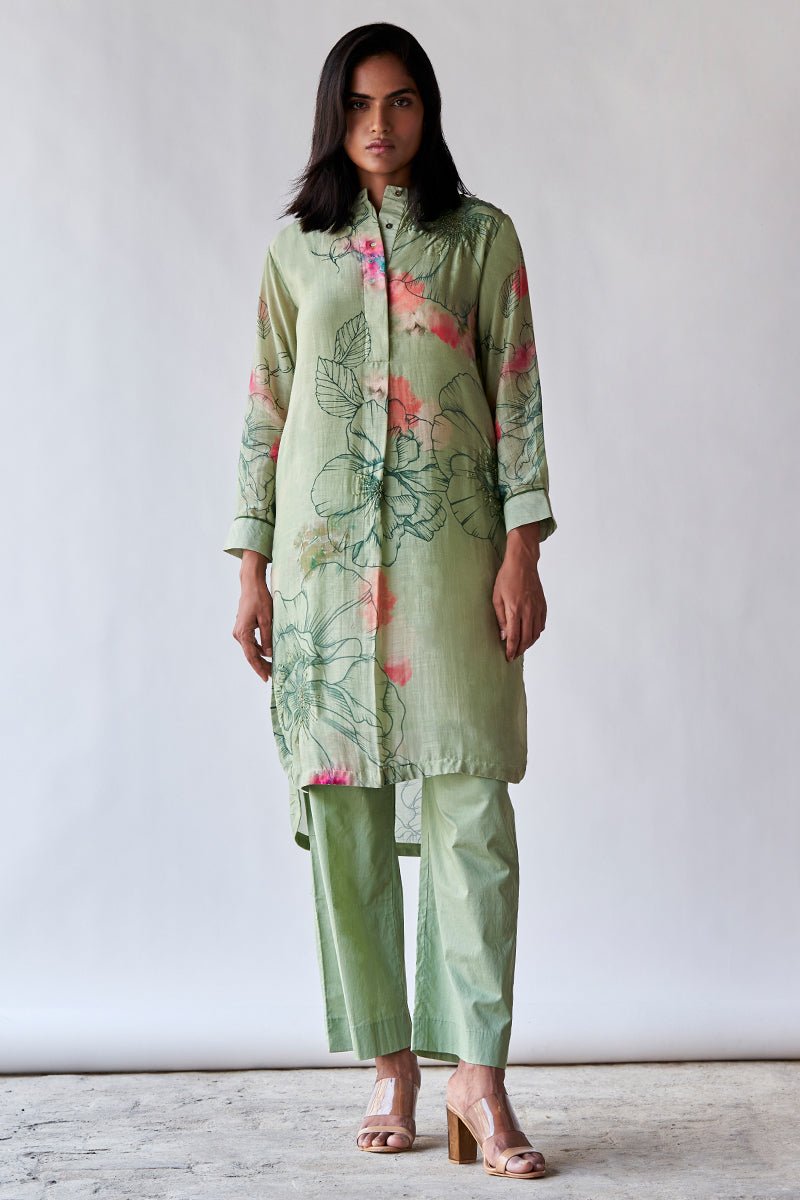 Women's Pistachio Floral Printed Bemberg Silk Co-ord Set