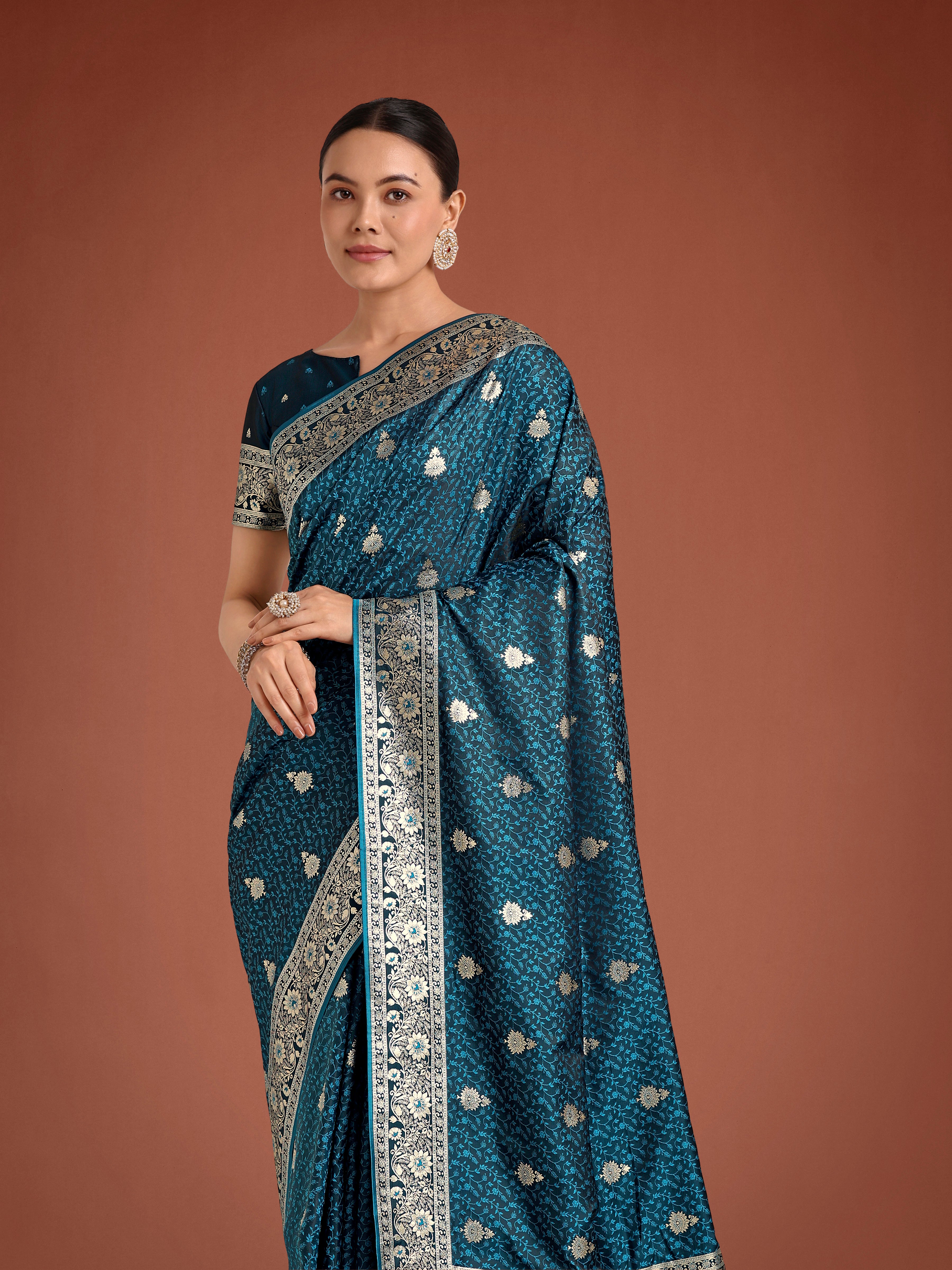 Dhiyona MJ Dark Teal Banarasi Satin Silk Saree with Intricate Zari Work with Rich Weaving Pattern