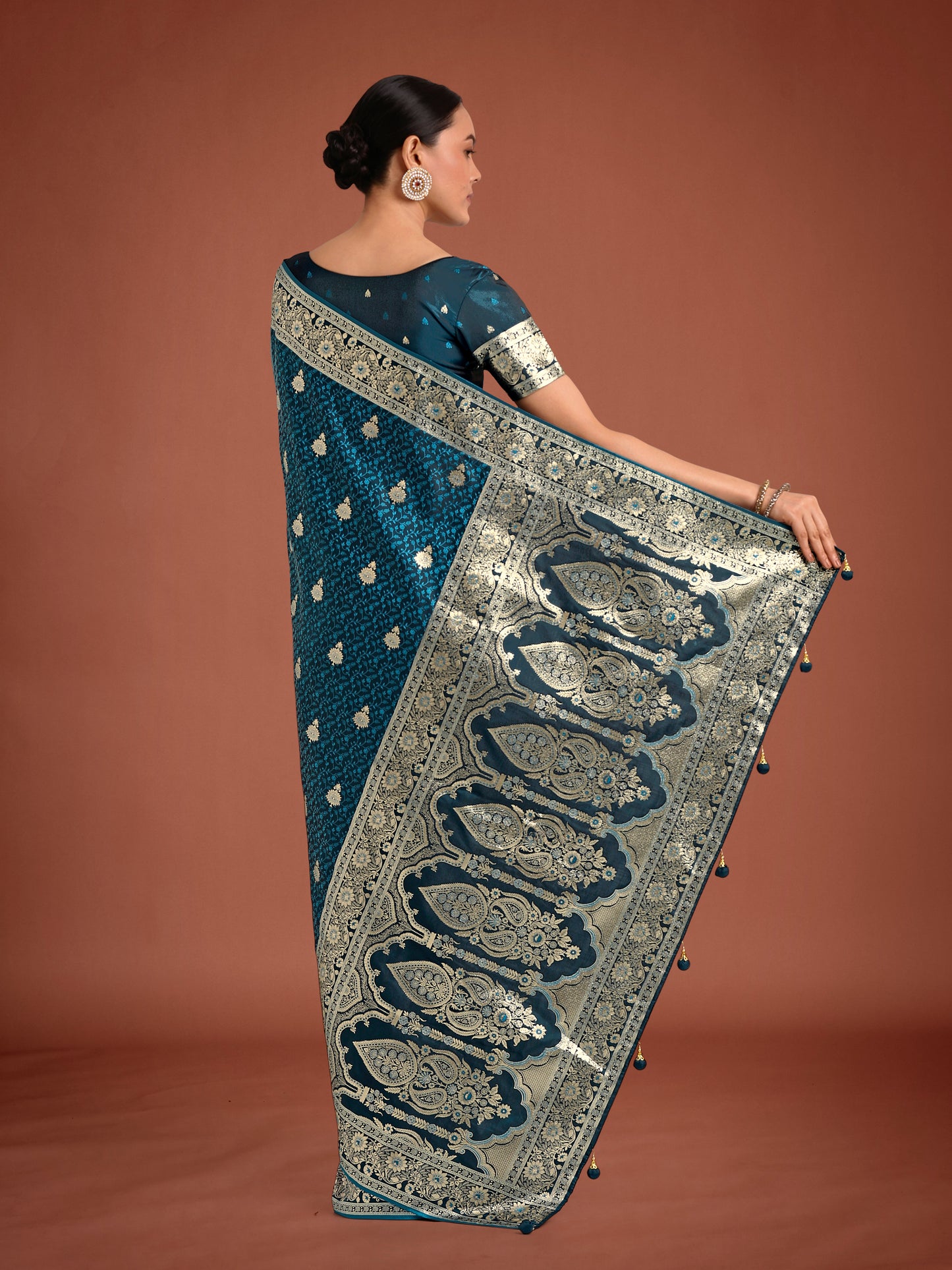 Dhiyona MJ Dark Teal Banarasi Satin Silk Saree with Intricate Zari Work with Rich Weaving Pattern