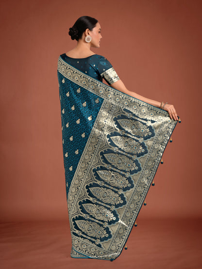 Dhiyona MJ Dark Teal Banarasi Satin Silk Saree with Intricate Zari Work with Rich Weaving Pattern