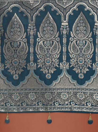 Dhiyona MJ Dark Teal Banarasi Satin Silk Saree with Intricate Zari Work with Rich Weaving Pattern