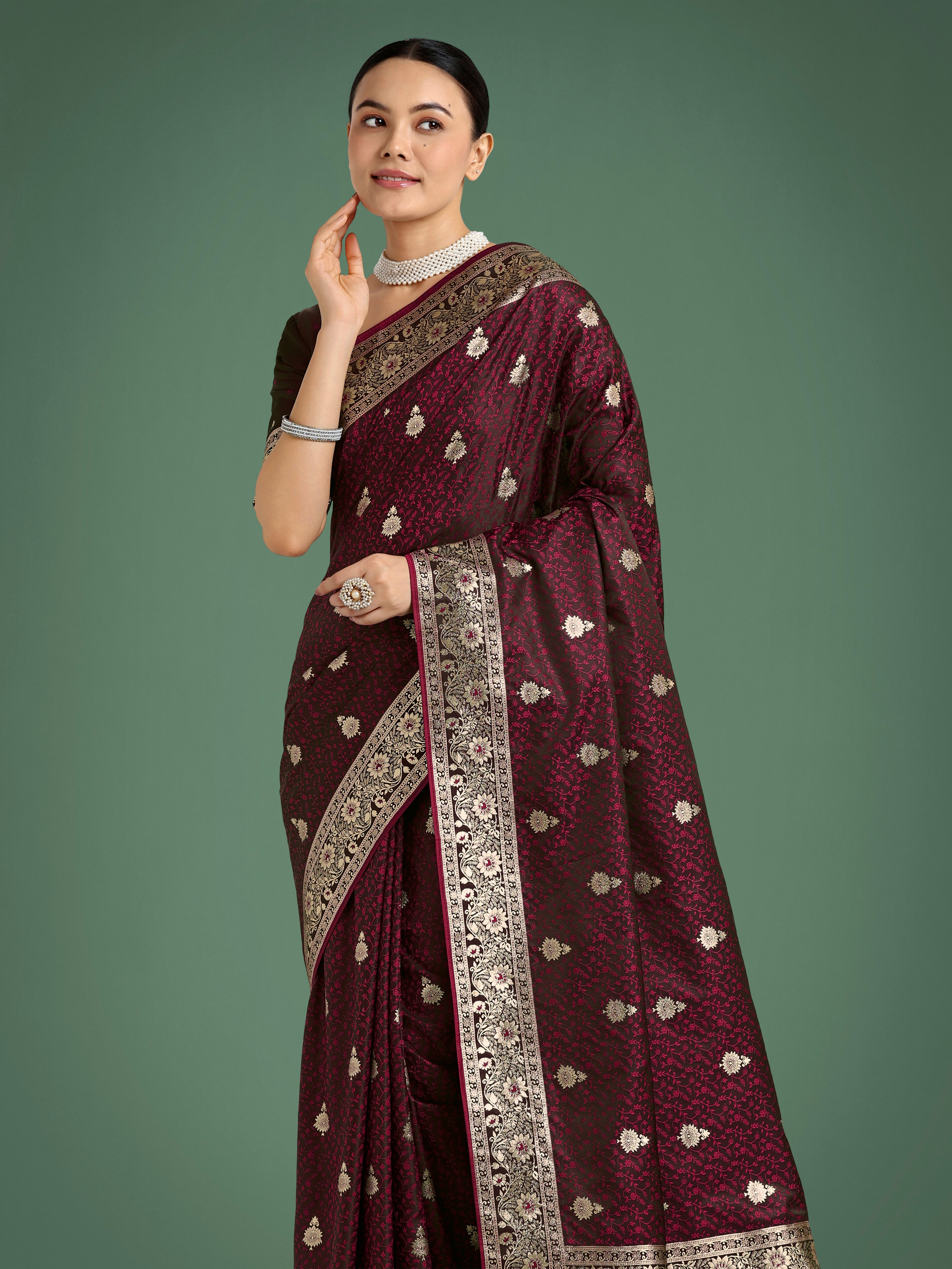 Dhiyona MJ Maroon Banarasi Satin Silk Saree with Intricate Zari Work with Rich Weaving Pattern