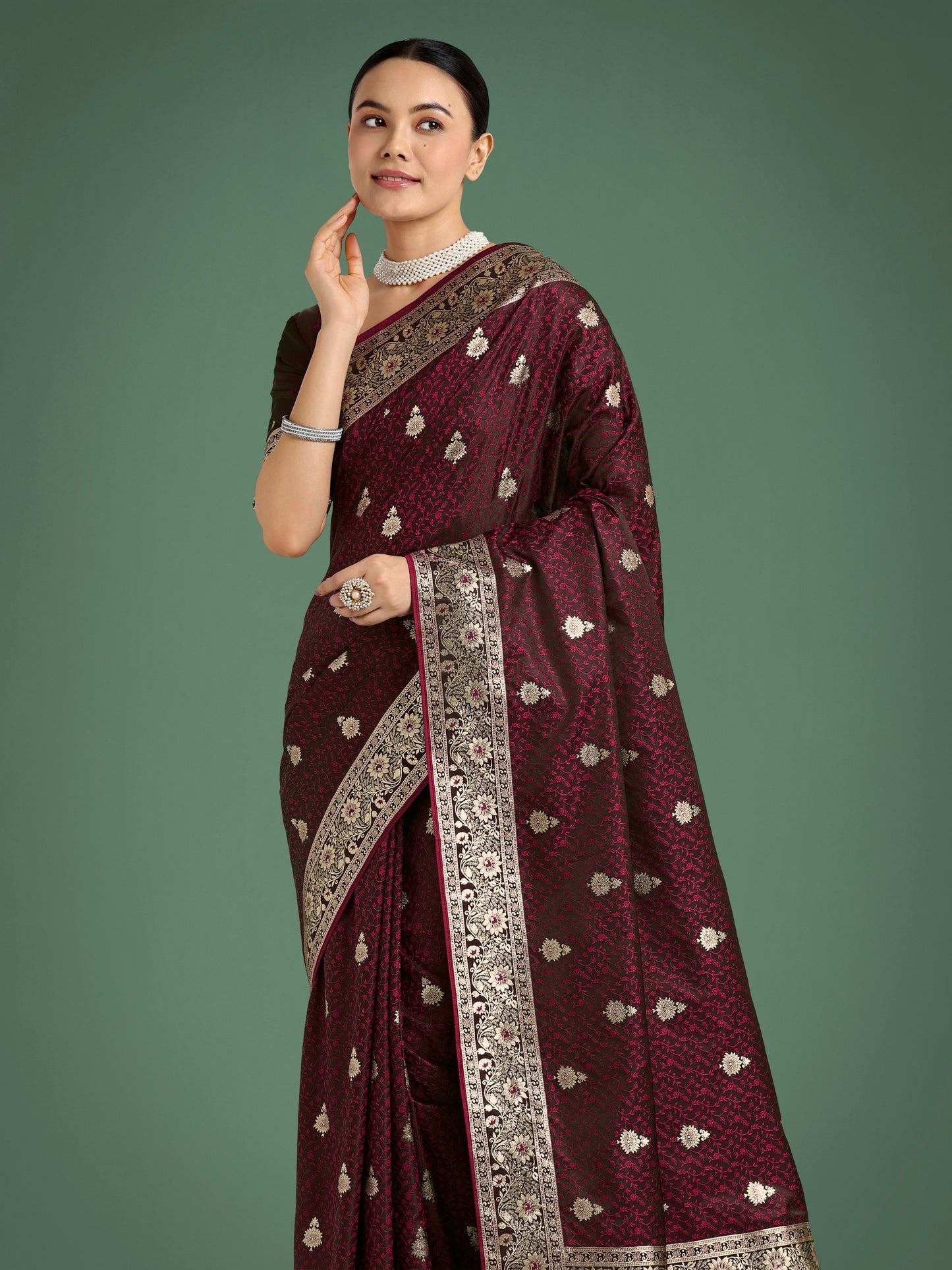 Dhiyona MJ Maroon Banarasi Satin Silk Saree with Intricate Zari Work with Rich Weaving Pattern