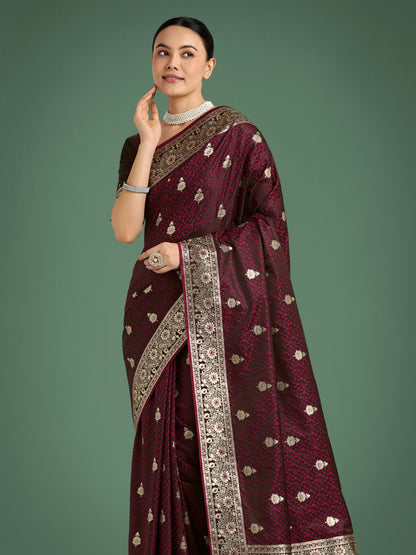 Dhiyona MJ Maroon Banarasi Satin Silk Saree with Intricate Zari Work with Rich Weaving Pattern