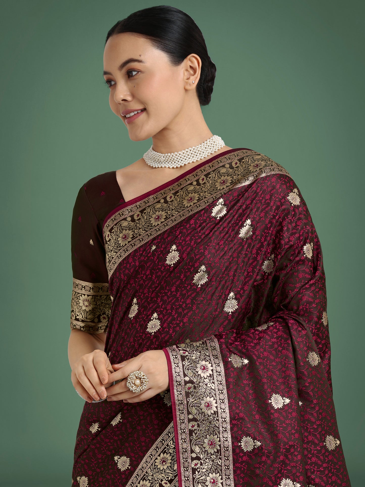 Dhiyona MJ Maroon Banarasi Satin Silk Saree with Intricate Zari Work with Rich Weaving Pattern