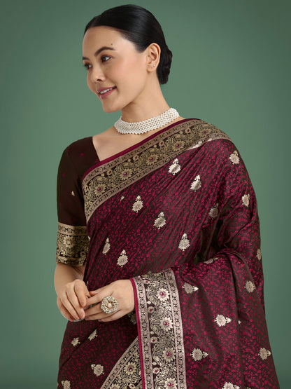 Dhiyona MJ Maroon Banarasi Satin Silk Saree with Intricate Zari Work with Rich Weaving Pattern