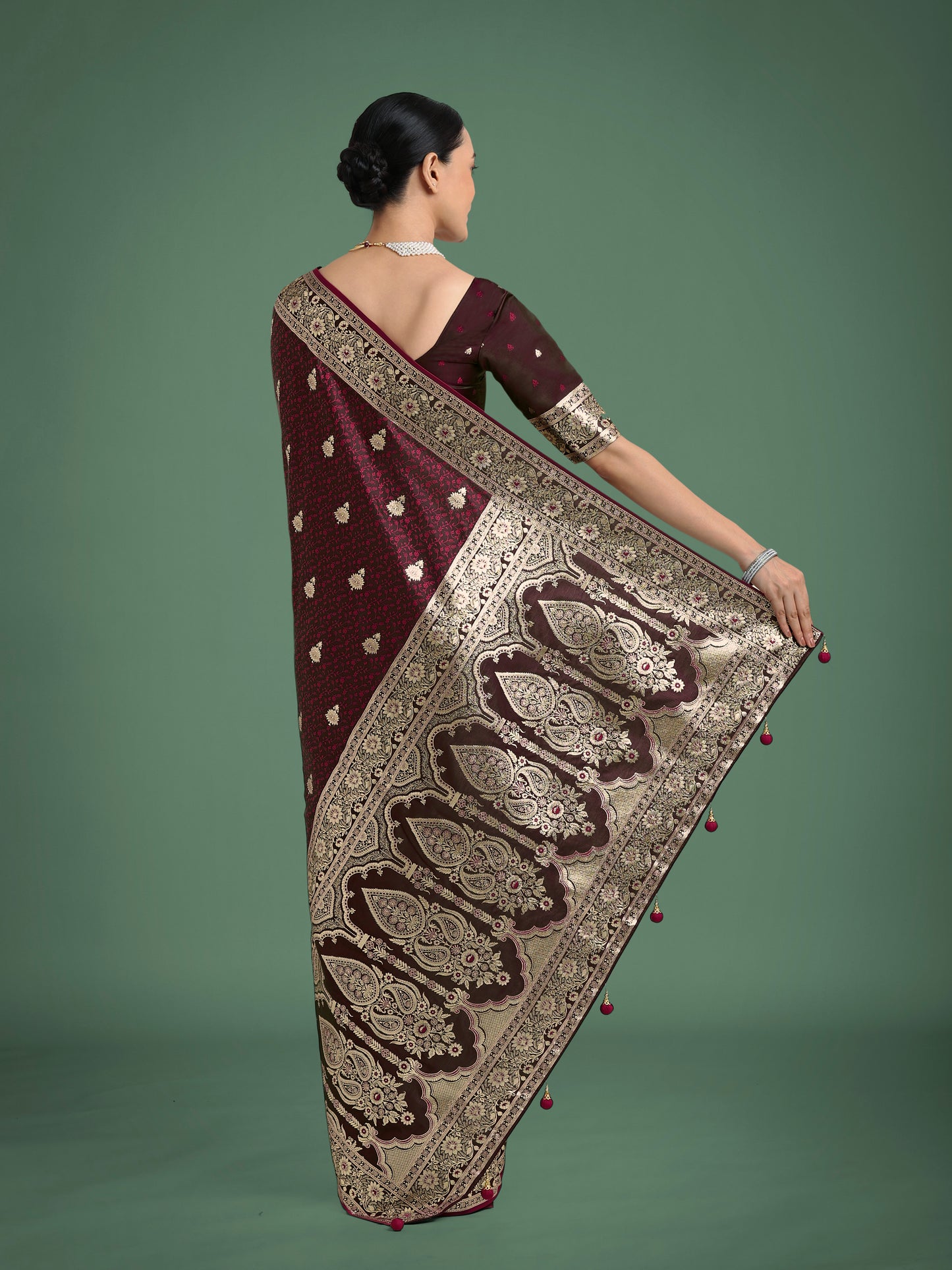 Dhiyona MJ Maroon Banarasi Satin Silk Saree with Intricate Zari Work with Rich Weaving Pattern