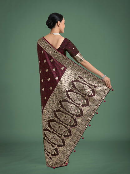 Dhiyona MJ Maroon Banarasi Satin Silk Saree with Intricate Zari Work with Rich Weaving Pattern