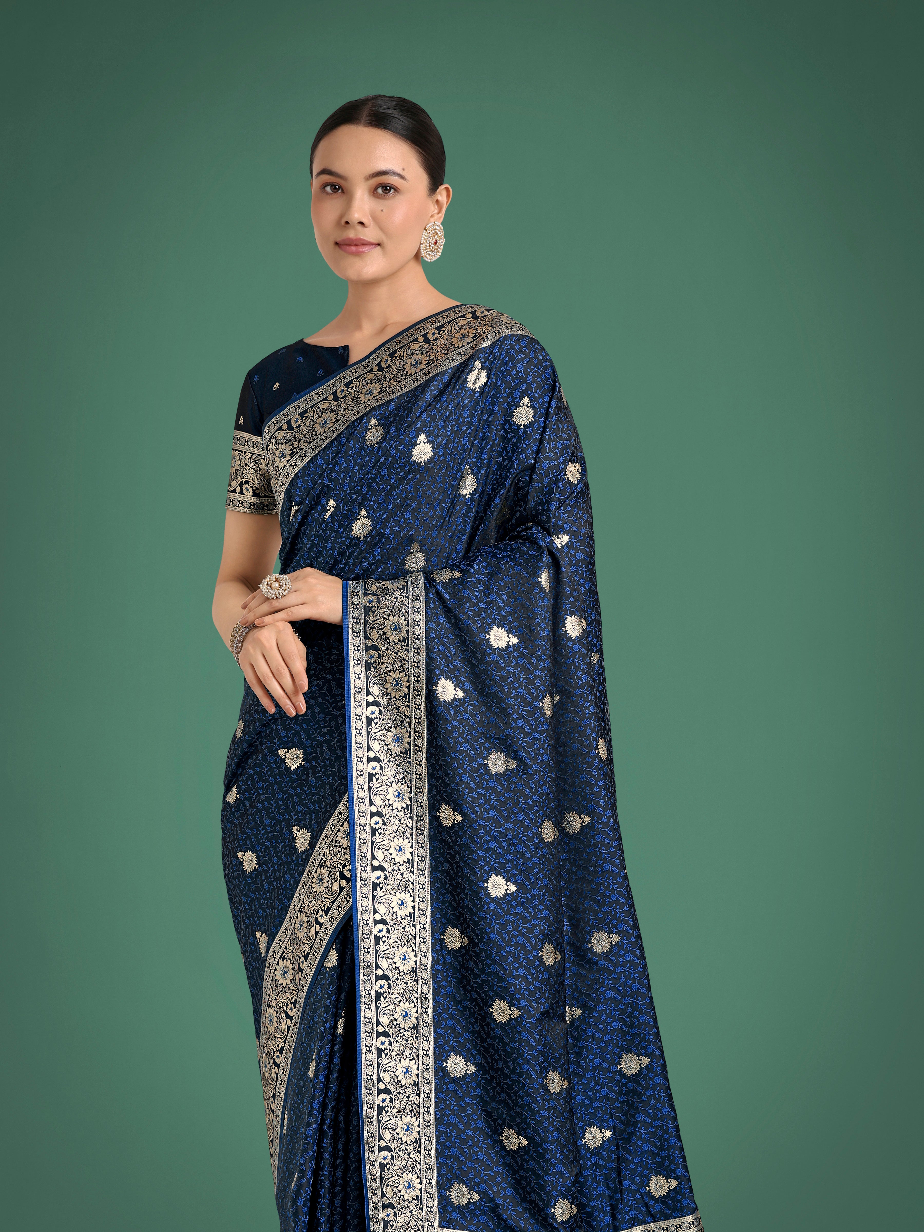 Dhiyona MJ Blue Banarasi Satin Silk Saree with Intricate Zari Work with Rich Weaving Pattern