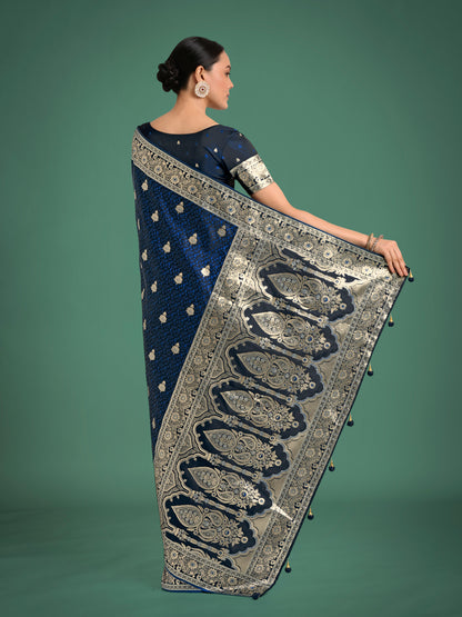 Dhiyona MJ Blue Banarasi Satin Silk Saree with Intricate Zari Work with Rich Weaving Pattern