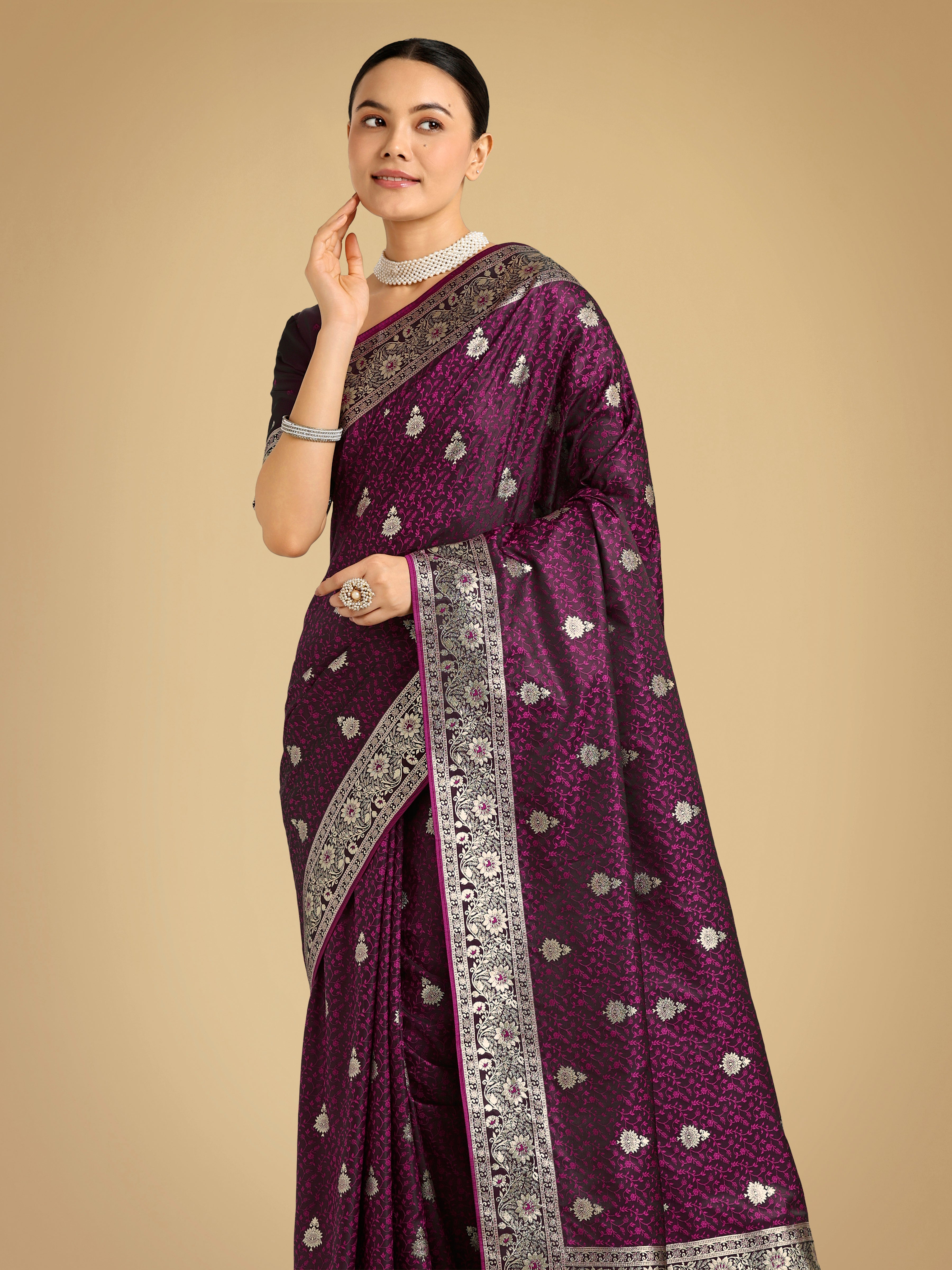 Dhiyona MJ Wine Banarasi Satin Silk Saree with Intricate Zari Work with Rich Weaving Pattern