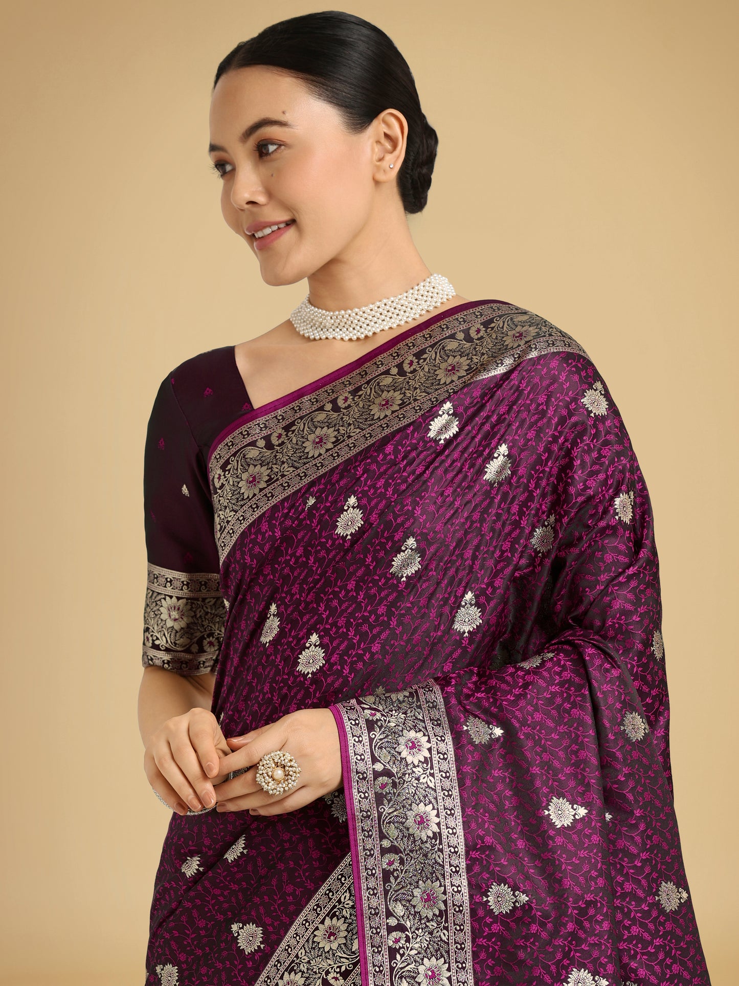 Dhiyona MJ Wine Banarasi Satin Silk Saree with Intricate Zari Work with Rich Weaving Pattern