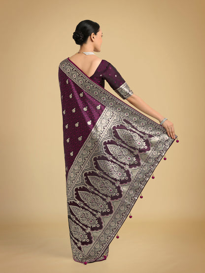 Dhiyona MJ Wine Banarasi Satin Silk Saree with Intricate Zari Work with Rich Weaving Pattern