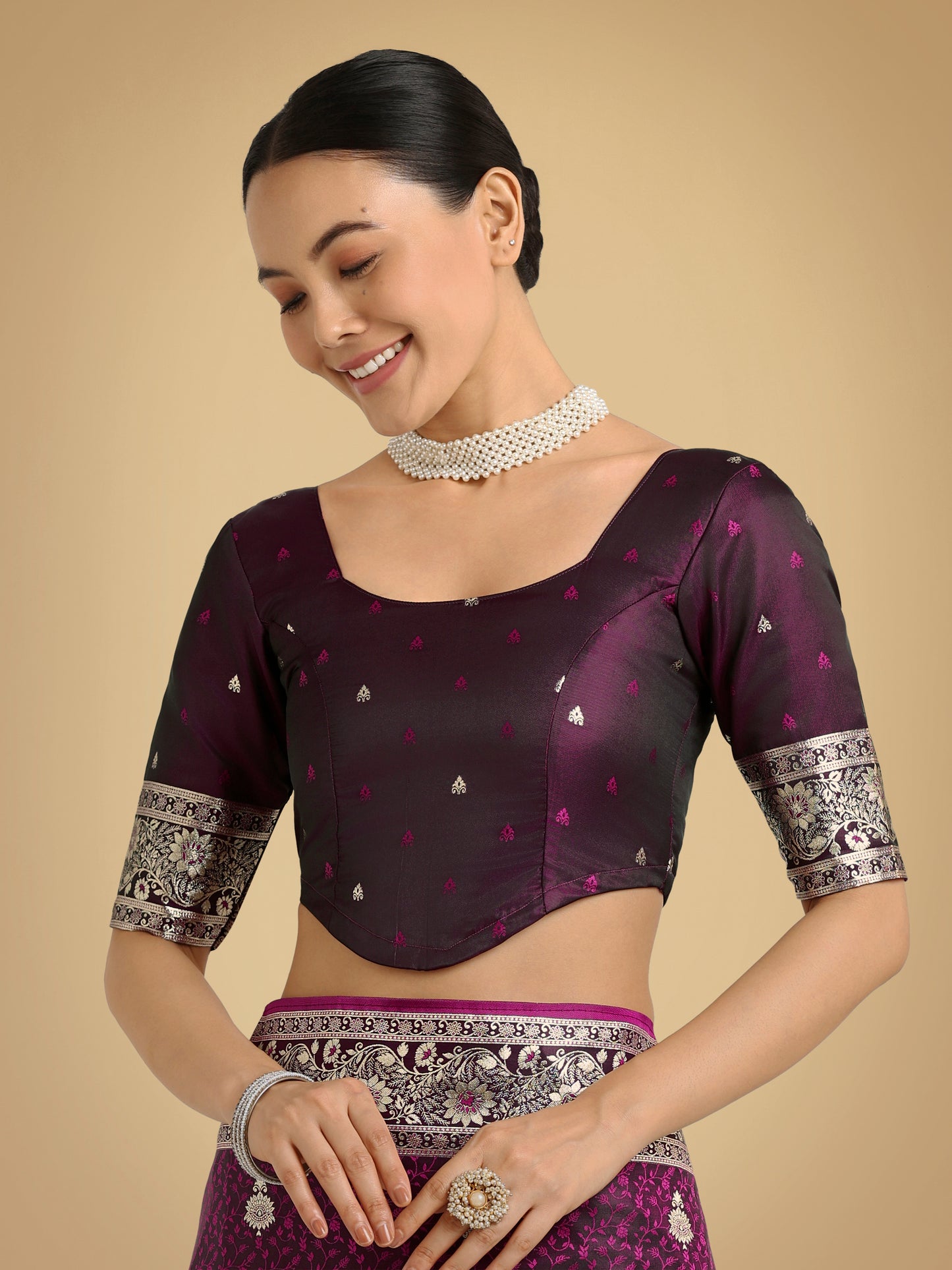 Dhiyona MJ Wine Banarasi Satin Silk Saree with Intricate Zari Work with Rich Weaving Pattern