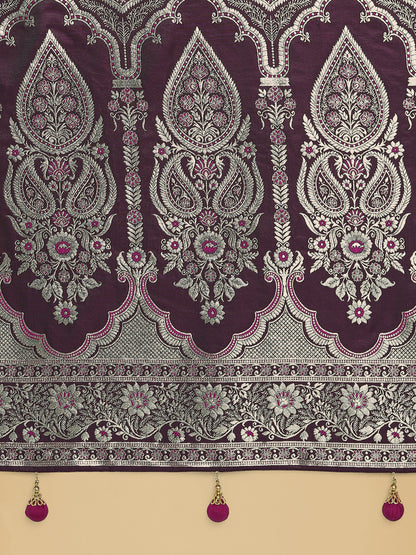 Dhiyona MJ Wine Banarasi Satin Silk Saree with Intricate Zari Work with Rich Weaving Pattern