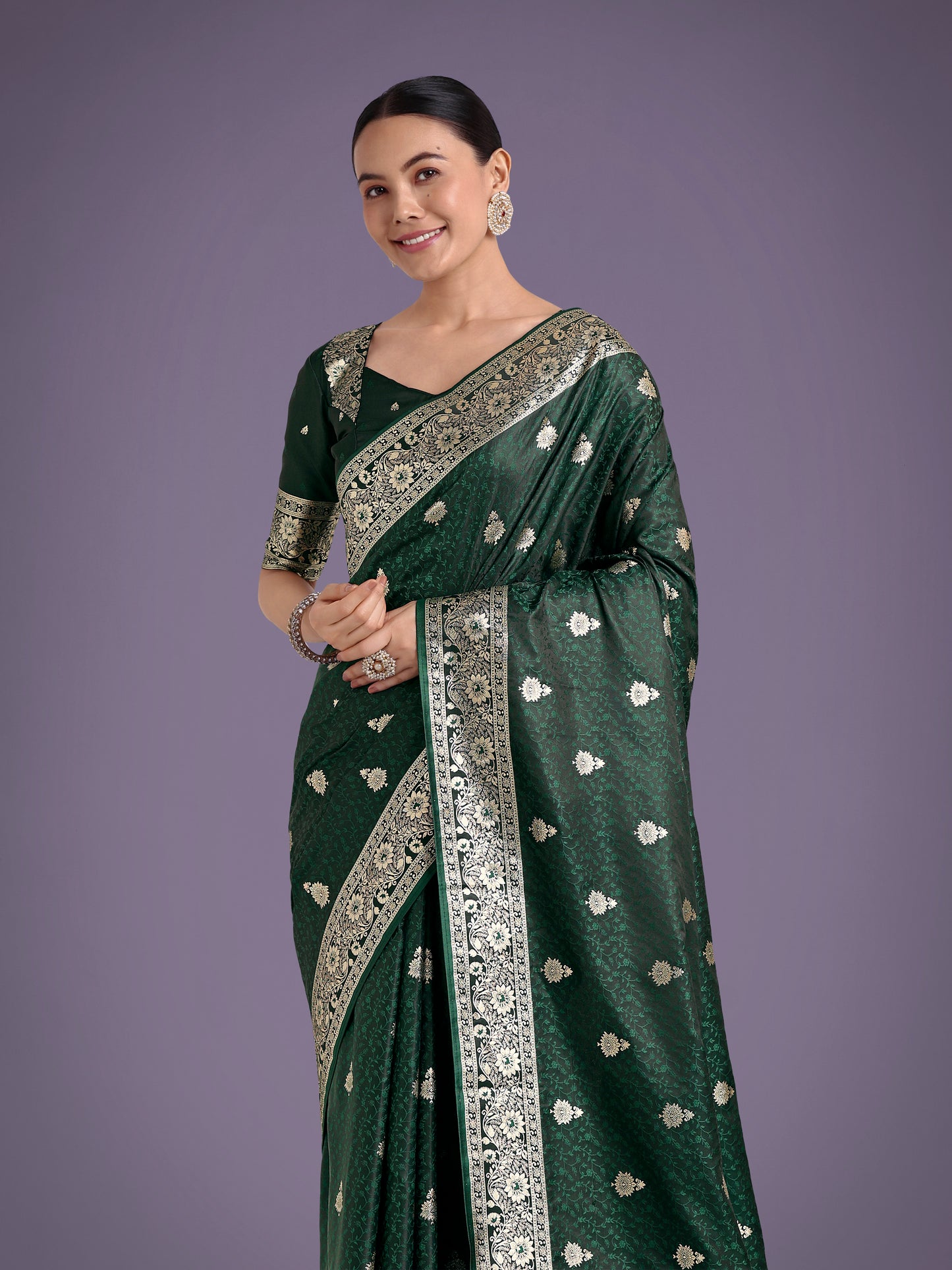 Dhiyona MJ Dark Green Banarasi Satin Silk Saree with Intricate Zari Work with Rich Weaving Pattern