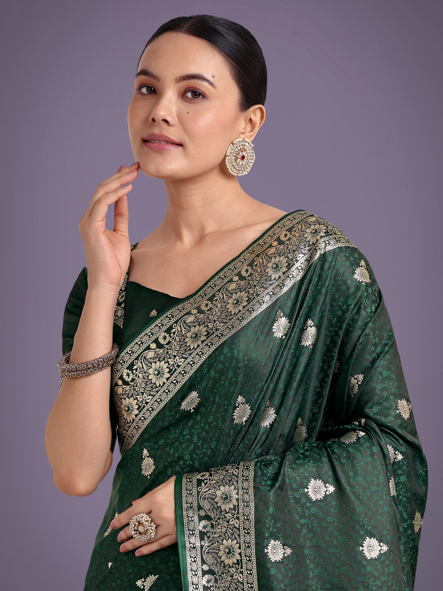 Dhiyona MJ Dark Green Banarasi Satin Silk Saree with Intricate Zari Work with Rich Weaving Pattern