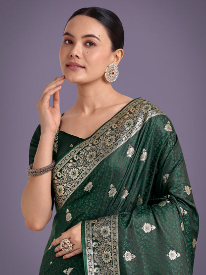 Dhiyona MJ Dark Green Banarasi Satin Silk Saree with Intricate Zari Work with Rich Weaving Pattern