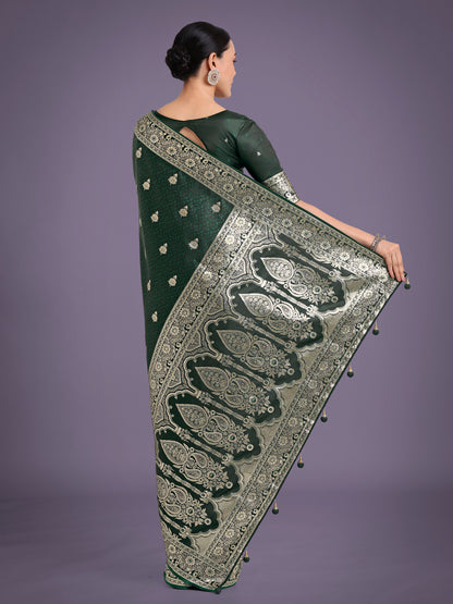 Dhiyona MJ Dark Green Banarasi Satin Silk Saree with Intricate Zari Work with Rich Weaving Pattern