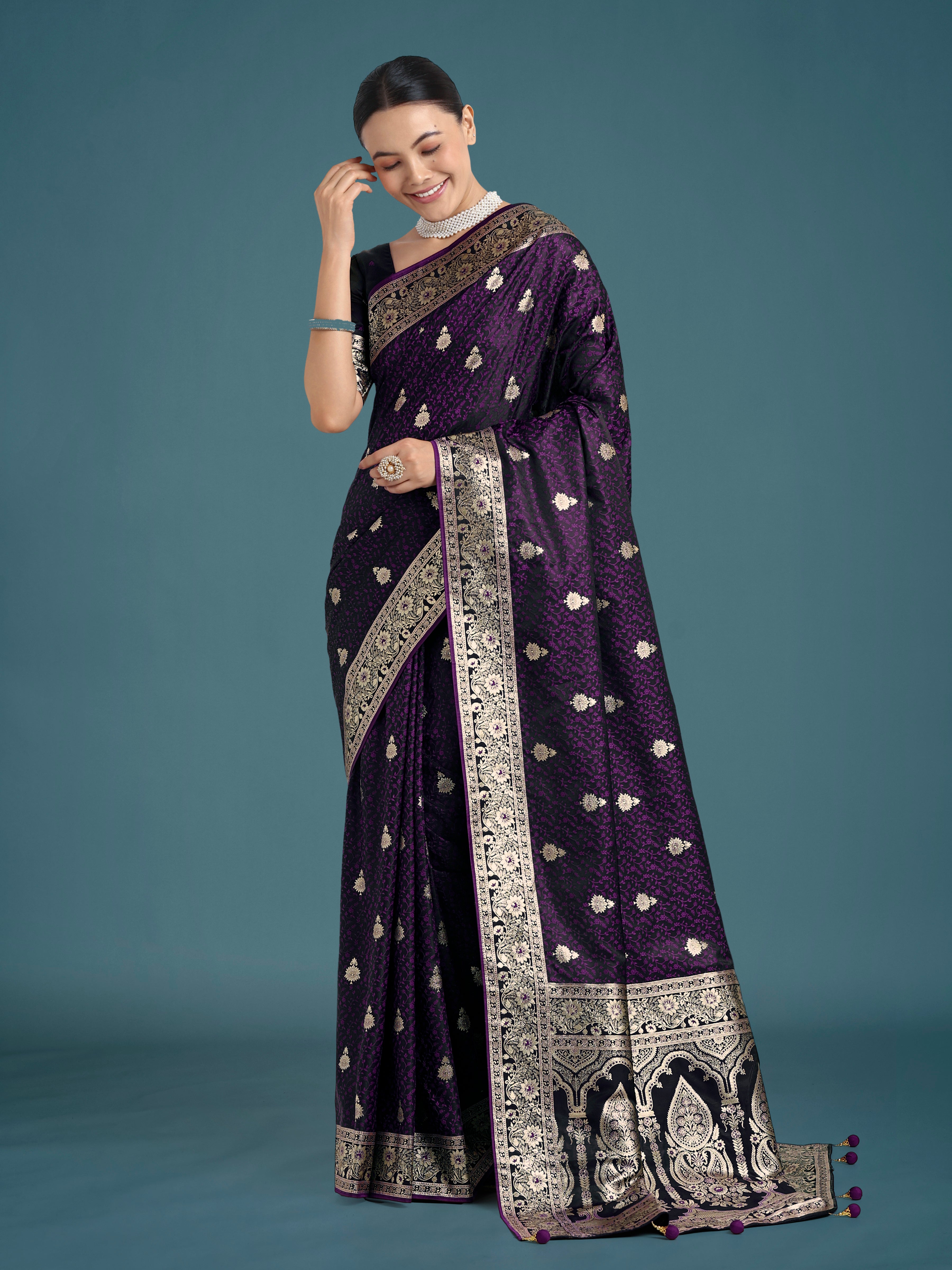 Dhiyona MJ Purple Banarasi Satin Silk Saree with Intricate Zari Work with Rich Weaving Pattern