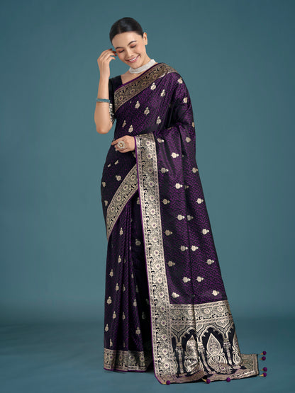 Dhiyona MJ Purple Banarasi Satin Silk Saree with Intricate Zari Work with Rich Weaving Pattern